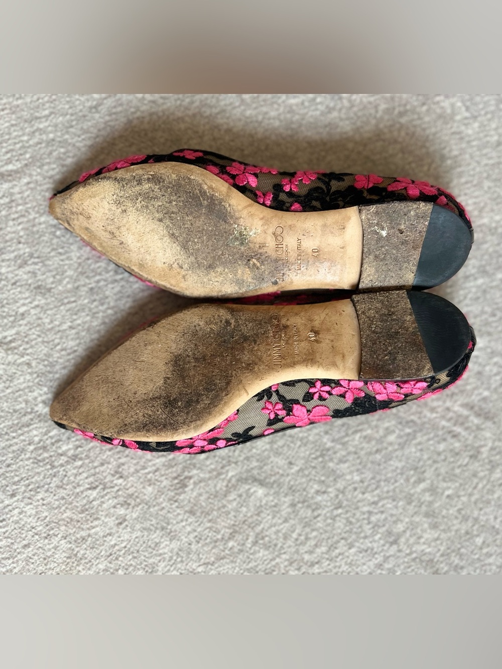 Jimmy Choo Black Lace Flats with Bright Pink Floral Embroidery - Picture 4 of 6